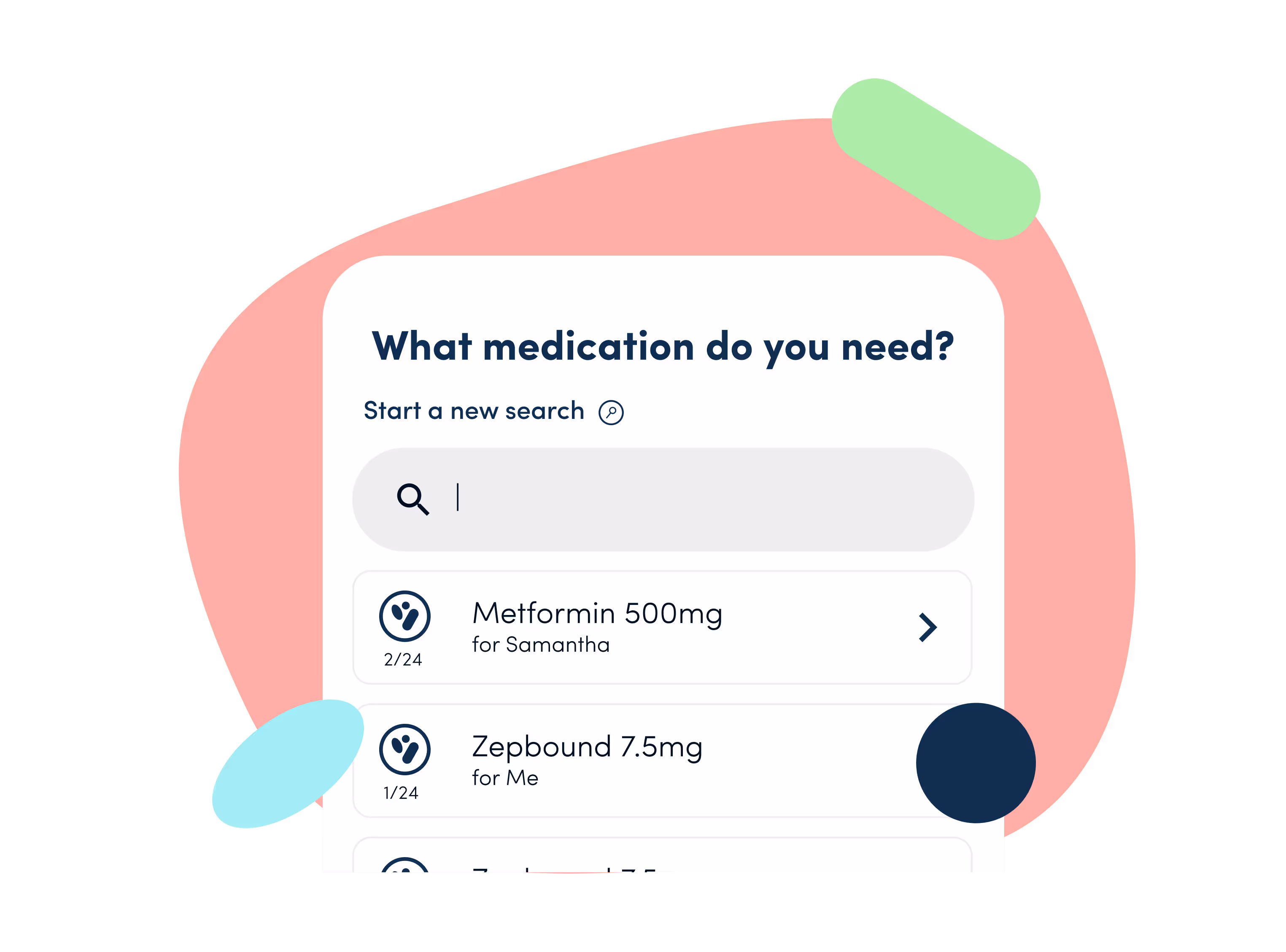 Dashboard mockup showing medication search